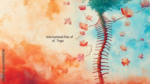 International Yoga Day Air Illustration of Spine Tree and Calligraphy