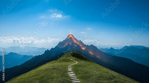 Illuminated Mountain Peak at Sunset with Lush Green Foreground and Hiking Path