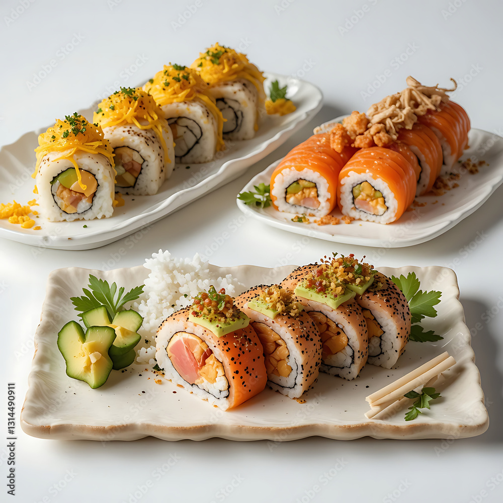 close up of premium sushi roll platters--the Yuzu Citrus Roll, an Avocado Roll, and a Tuna Roll, each with distinct toppings, on white background close up of premium sushi roll platters--the Yuzu Citrus Roll, an Avocado Roll, and a Tuna Roll, each with distinct toppings, on white background