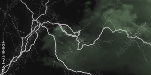 Thunder, lightnings and rain on a stormy summer night in black and white. Lightning bolts in the sky at night. Different lightning bolts isolating on black.  Bright light flare and sparks .
