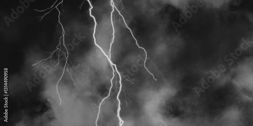 Thunder, lightnings and rain on a stormy summer night in black and white. Lightning bolts in the sky at night. Different lightning bolts isolating on black.  Bright light flare and sparks .
