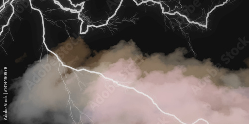 Thunder, lightnings and rain on a stormy summer night in black and white. Lightning bolts in the sky at night. Different lightning bolts isolating on black.  Bright light flare and sparks .
