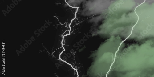 Thunder, lightnings and rain on a stormy summer night in black and white. Lightning bolts in the sky at night. Different lightning bolts isolating on black.  Bright light flare and sparks .
