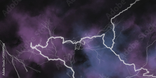 Thunder, lightnings and rain on a stormy summer night in black and white. Lightning bolts in the sky at night. Different lightning bolts isolating on black.  Bright light flare and sparks .
