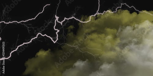 Thunder, lightnings and rain on a stormy summer night in black and white. Lightning bolts in the sky at night. Different lightning bolts isolating on black.  Bright light flare and sparks .
