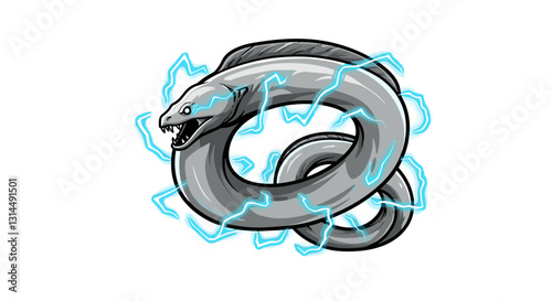 A stylized electric eel forming an infinity loop with blue lightning effects.