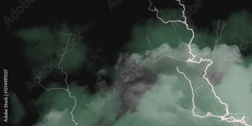 Thunder, lightnings and rain on a stormy summer night in black and white. Lightning bolts in the sky at night. Different lightning bolts isolating on black.  Bright light flare and sparks .
