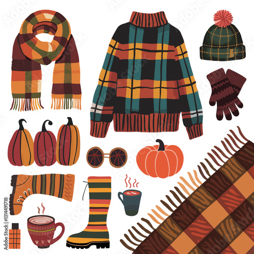 Festive autumn vector illustration featuring cozy sweater, pumpkins, seasonal accessories fall atmosphere
