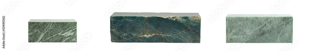 Fototapeta premium Featuring a smooth surface and natural veins, this green marble block displays organic patterns and vibrant green tones, isolated on a transparent background and saved as a png