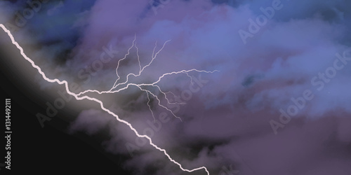 Thunder, lightnings and rain on a stormy summer night in black and white. Lightning bolts in the sky at night. Different lightning bolts isolating on black.  Bright light flare and sparks .
