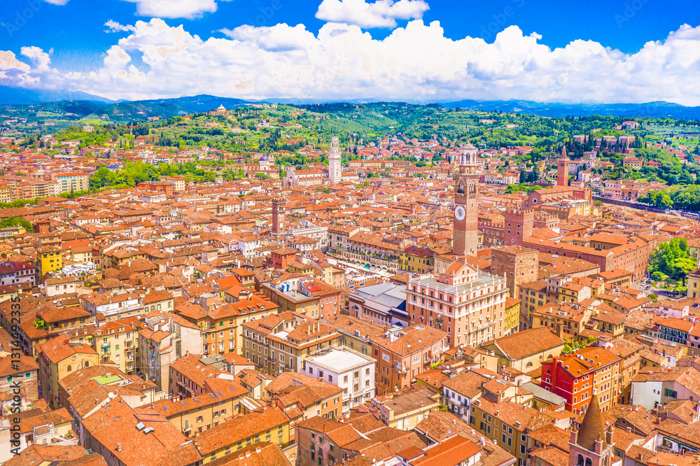 Naklejka premium A stunning aerial panoramic view of Verona, Italy, showcasing its historic cityscape, winding Adige River, and a blend of historical architecture that highlights the city's rich cultural heritage