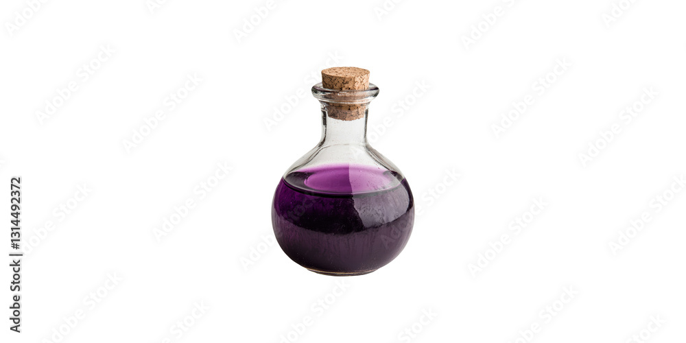Glass bottle with purple liquid and cork isolated on transparent background Glass bottle with purple liquid and cork isolated on transparent background