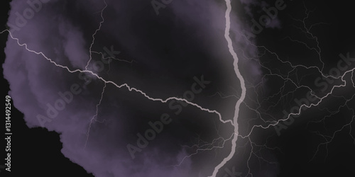 Thunder, lightnings and rain on a stormy summer night in black and white. Lightning bolts in the sky at night. Different lightning bolts isolating on black.  Bright light flare and sparks .
