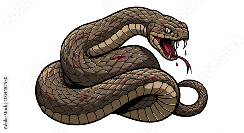 A stylized illustration of a snake with its mouth open, displaying fangs and a forked tongue.
