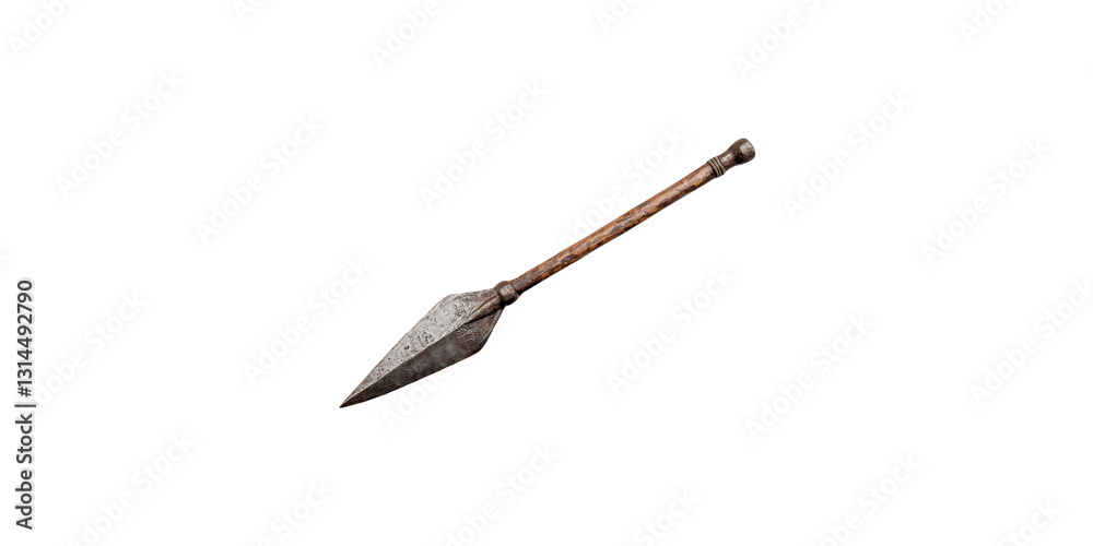 Ancient metal spearhead with wooden handle isolated on transparent background Ancient metal spearhead with wooden handle isolated on transparent background