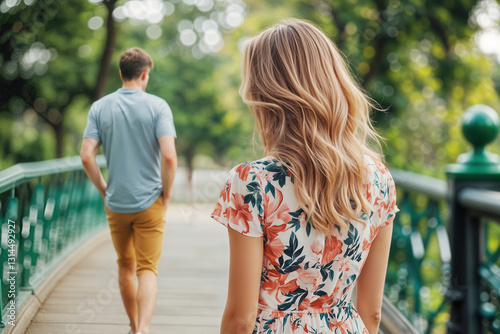 A woman watches a man walk away from her over a bridge.