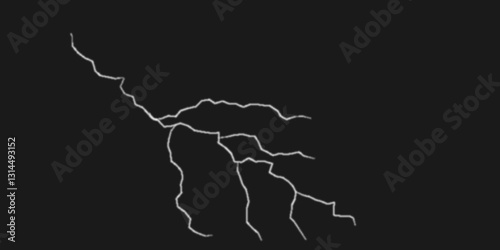 Thunder, lightnings and rain on a stormy summer night in black and white. Lightning bolts in the sky at night. Different lightning bolts isolating on black.  Bright light flare and sparks .
