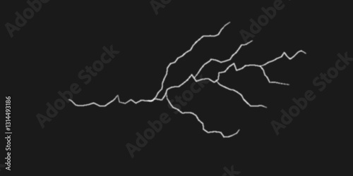 Thunder, lightnings and rain on a stormy summer night in black and white. Lightning bolts in the sky at night. Different lightning bolts isolating on black.  Bright light flare and sparks .
