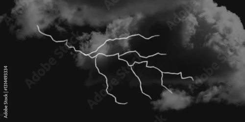 Thunder, lightnings and rain on a stormy summer night in black and white. Lightning bolts in the sky at night. Different lightning bolts isolating on black.  Bright light flare and sparks .
