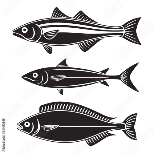 Ocean Fish Silhouettes Collection Barracuda, Halibut, Anchovy, and Flounder