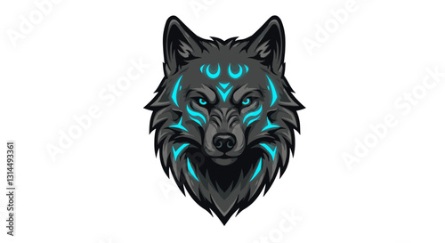 A stylized wolf head illustration with glowing blue tribal markings.