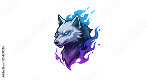 A stylized wolf head with blue and purple flames, representing strength and mystique.