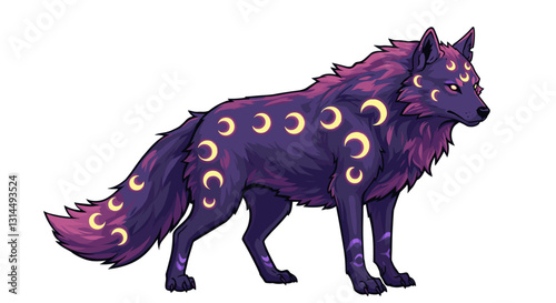 A stylized wolf with a cosmic theme, featuring crescent moon patterns on its fur.