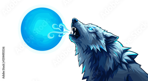 A stylized wolf howls at a glowing blue orb, showcasing a blend of nature and mysticism.