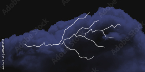 Thunder, lightnings and rain on a stormy summer night in black and white. Lightning bolts in the sky at night. Different lightning bolts isolating on black.  Bright light flare and sparks .
