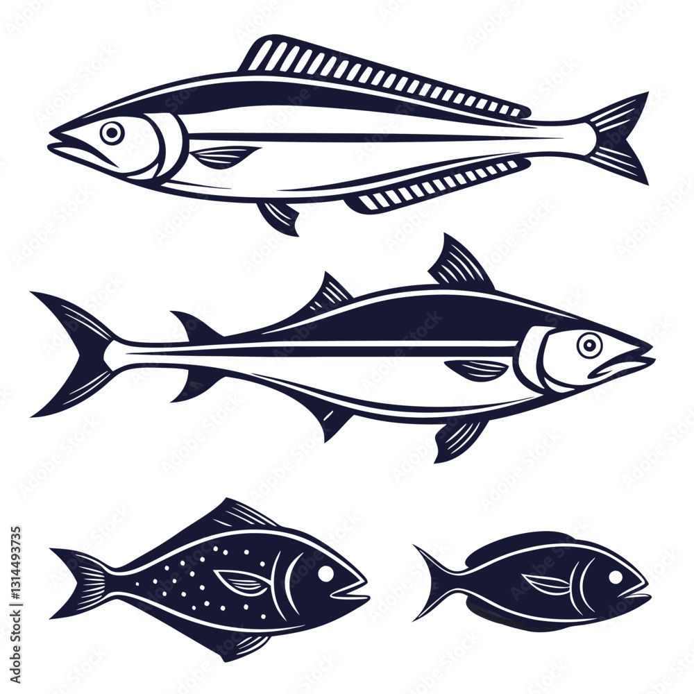 Fototapeta premium Silhouette Pack of Barracuda, Halibut, Anchovy, and Flounder Fish