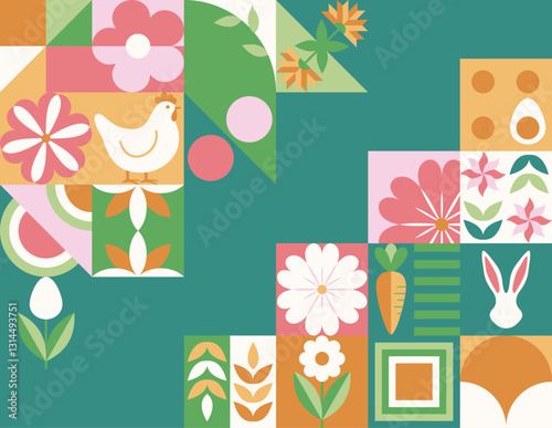 Wielkanocny zielony baner z mozaiką z świątecznymi symbolami. Wiosenny geometryczny wzór z królikiem, jajkami i kwiatami.