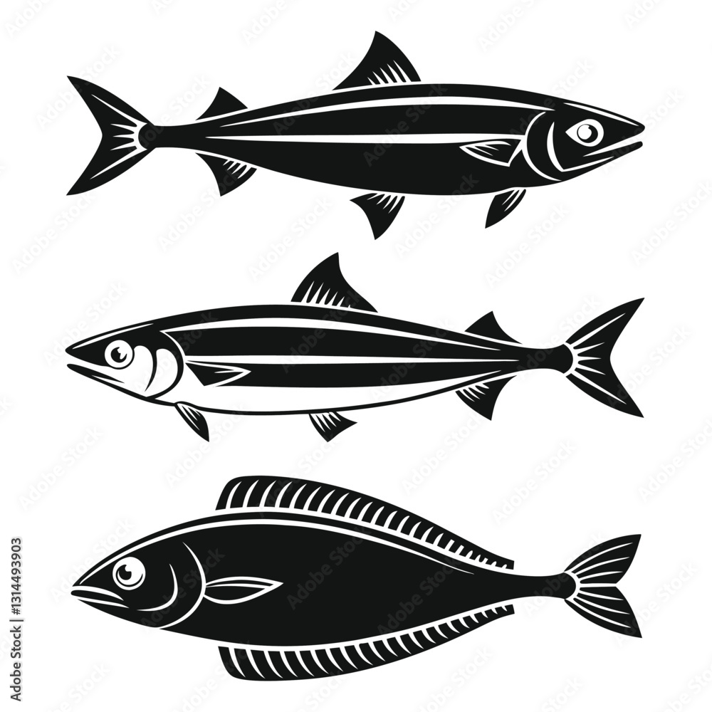 Fototapeta premium Sea Life Silhouette Set with Barracuda, Halibut, Anchovy, and Flounder