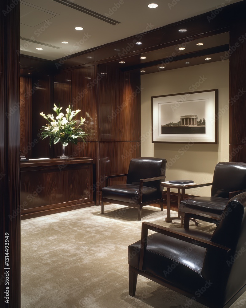 Fototapeta premium Elegant Office Reception Area with Comfortable Chairs and Artwork
