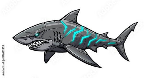 A stylized, robotic shark with glowing blue accents, showcasing a fierce design.