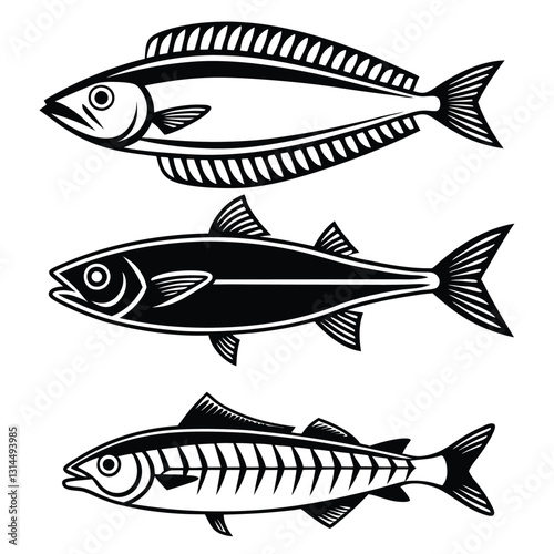 Vector Silhouettes of Barracuda, Halibut, Anchovy, and Flounder