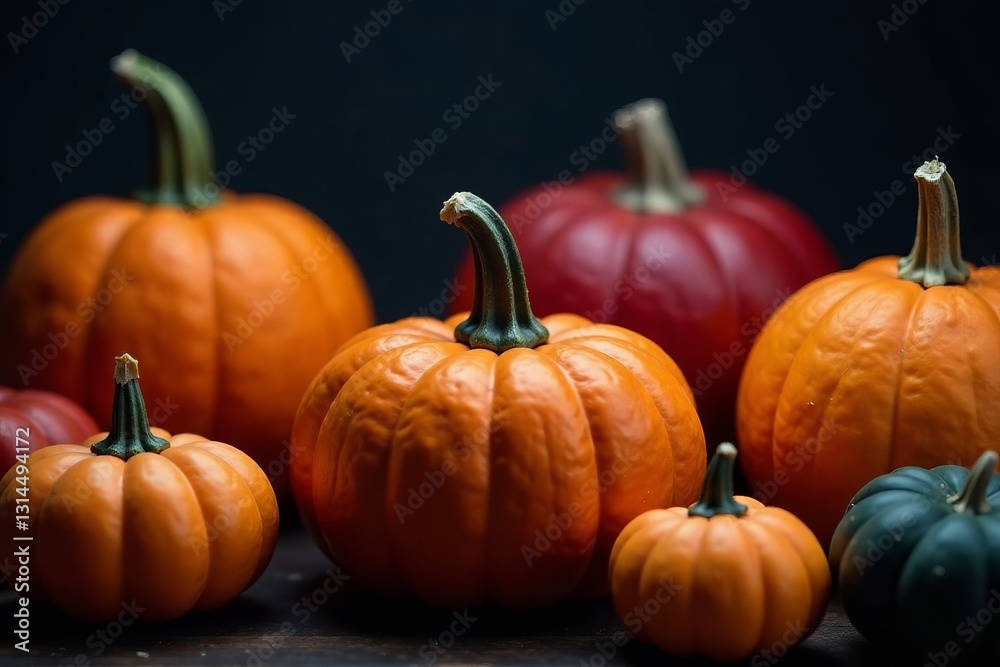 Obraz premium Close-up of a colorful arrangement of Halloween pumpkins against a dark background, festive, dark