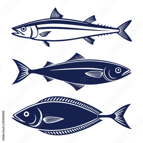 Collection of Fish Silhouettes Barracuda, Halibut, Anchovy, and Flounder