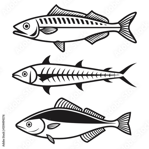 Fishing-Themed Silhouettes of Barracuda, Halibut, Anchovy, and Flounder