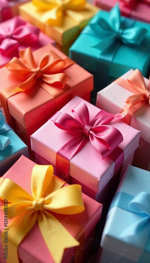 Close up of a pile of decorative paper ribbons and gift boxes in various colors, ideal for parties and festive occasions, boxes, celebration Close up of a pile of decorative paper ribbons and gift boxes in various colors, ideal for parties and festive occasions, boxes, celebration