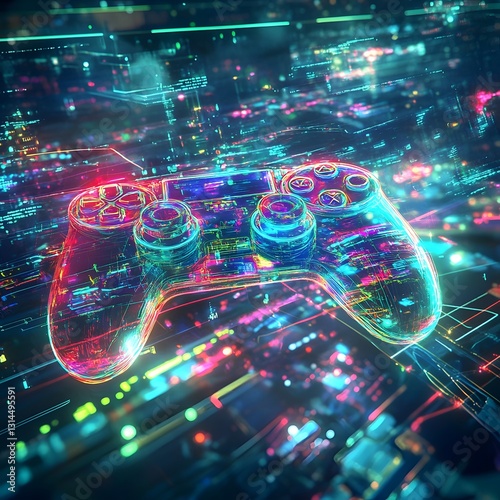 Floating Holographic Gamepad in a Vibrant Digital Cyberspace Environment