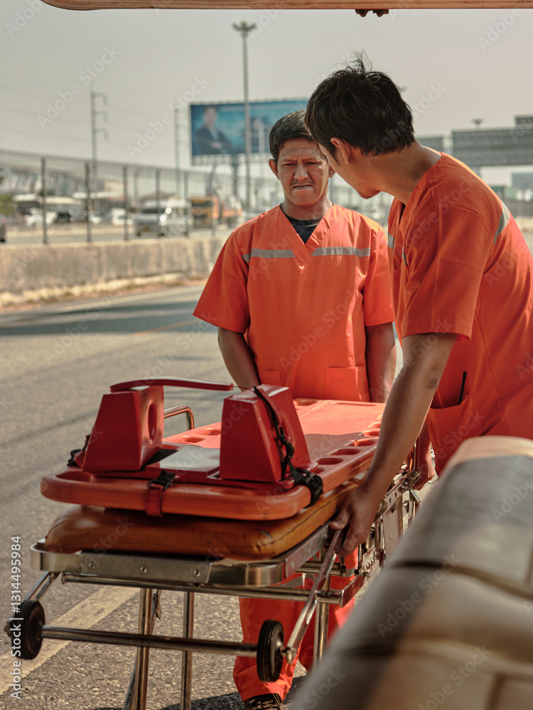 Rescue workers Prepare to loading car accident victim .