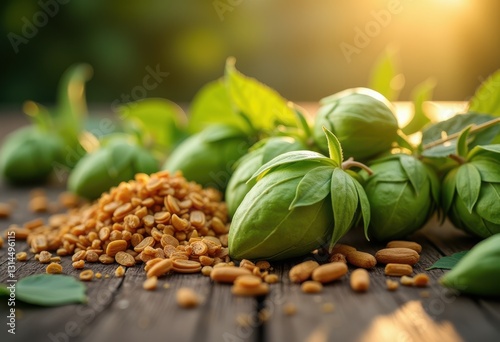 detailed close view fresh hops malt ingredients arranged neatly rustic wooden table surface, texture, natural, brown, grain, brewing, craft, barley, leaf photo