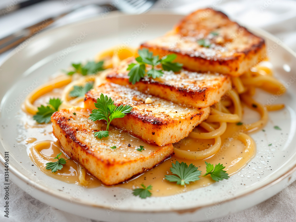 Exquisite cheese steaks with a crispy golden crust, served with aromatic sauce on a beautifully set fine dining table.