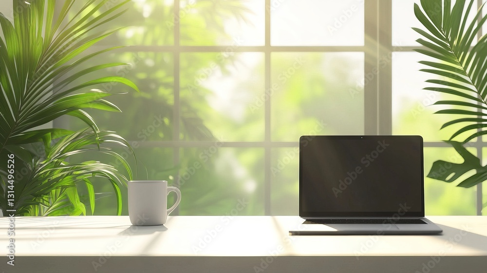 Minimalist workspace with a white desk, sleek laptop, and cup of coffee, bathed in sunlight pouring through a large window, creating long shadows and an inspired, focused atmosphere with clean design Minimalist workspace with a white desk, sleek laptop, and cup of coffee, bathed in sunlight pouring through a large window, creating long shadows and an inspired, focused atmosphere with clean design