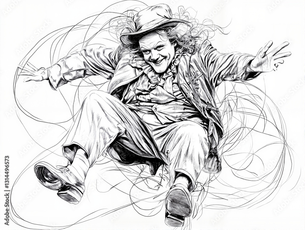 Clown joyfully performing acrobatics against abstract background