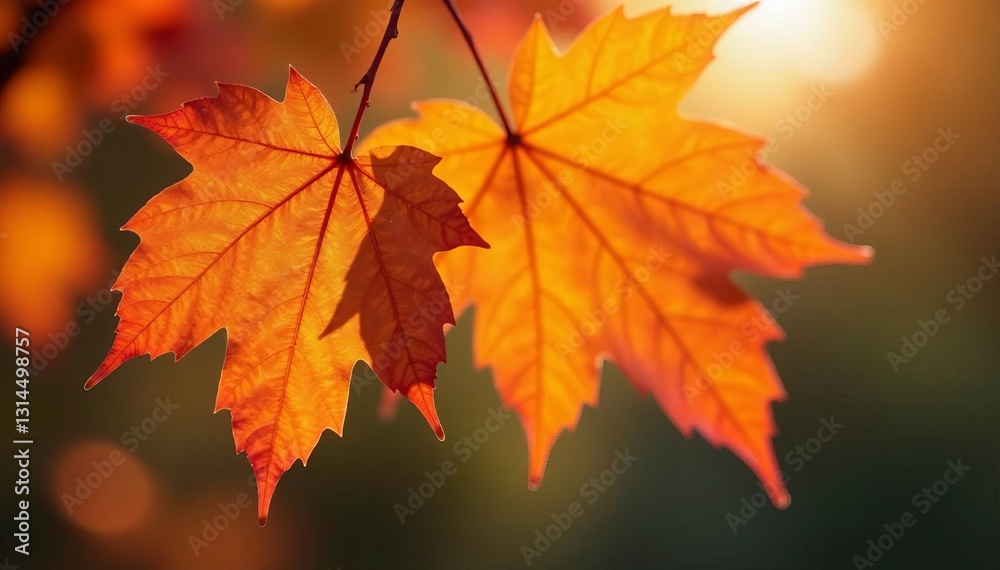Close-up of autumn leaves on banner with warm orange hues, seasonal, close-up Close-up of autumn leaves on banner with warm orange hues, seasonal, close-up