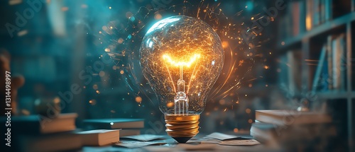 Abstract braininspired lightbulb bursting with knowledge, surrounded by scattered books and creative tools, surreal lighting, hyperdetailed, visually striking, Midjourney v6 photo