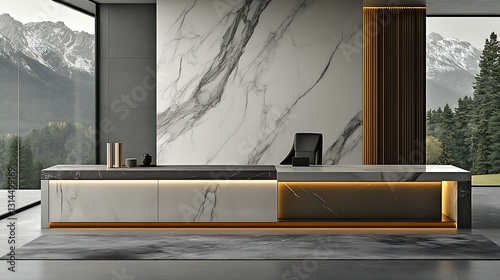 Office with clean, modern design, white walls, and wooden desk. photo