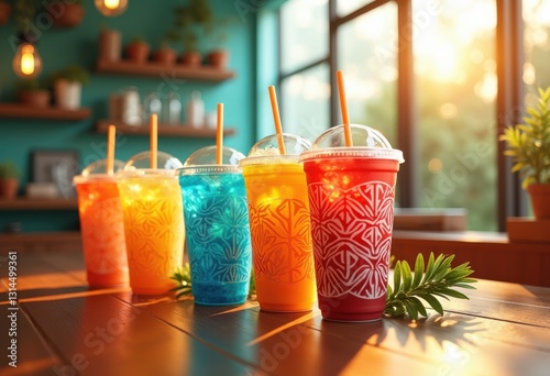 vibrant display stunning drink cups showcasing bright colors unique designs refreshing beverages, mug, container, ceramic, glass, plastic, style, shape