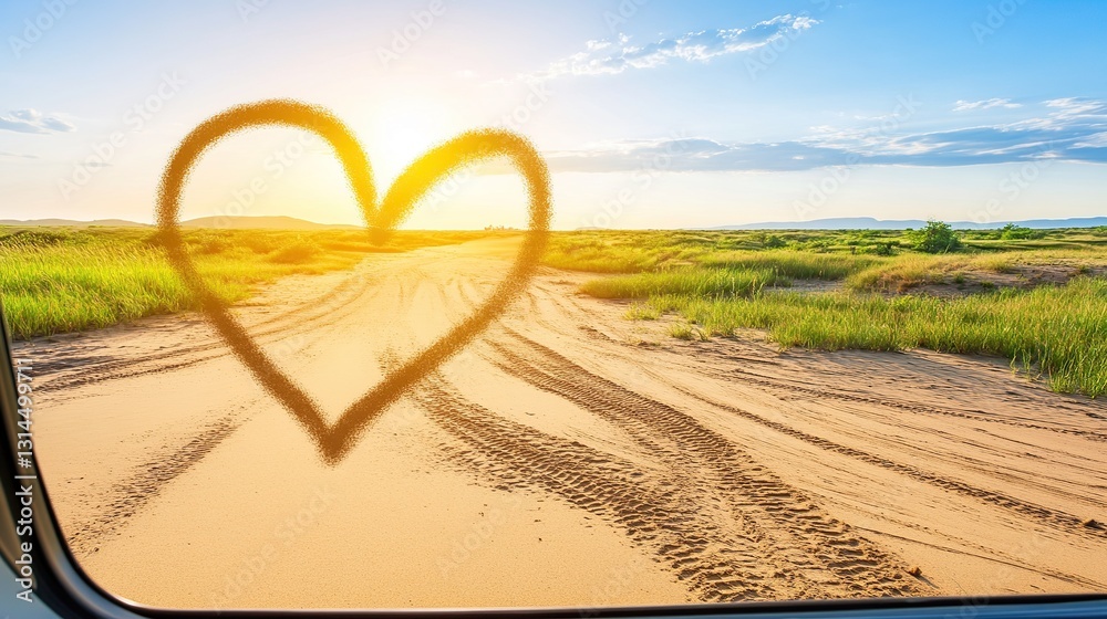 Heart-shaped fog on car window, scenic road trip Heart-shaped fog on car window, scenic road trip